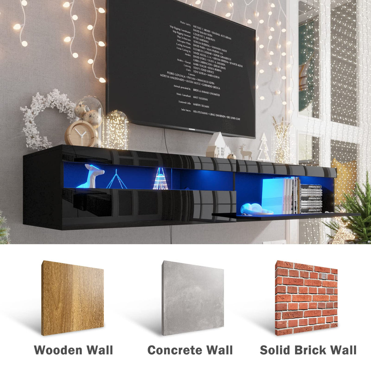 ANTISTA Floating TV Stand with Led Lights, 71 inch Wall Mounted TV Shelf with Power Outlet, Modern Entertainment Center Media Console with Storage Cabinet, Up to 80 Inch TVS, Black ANTISTA