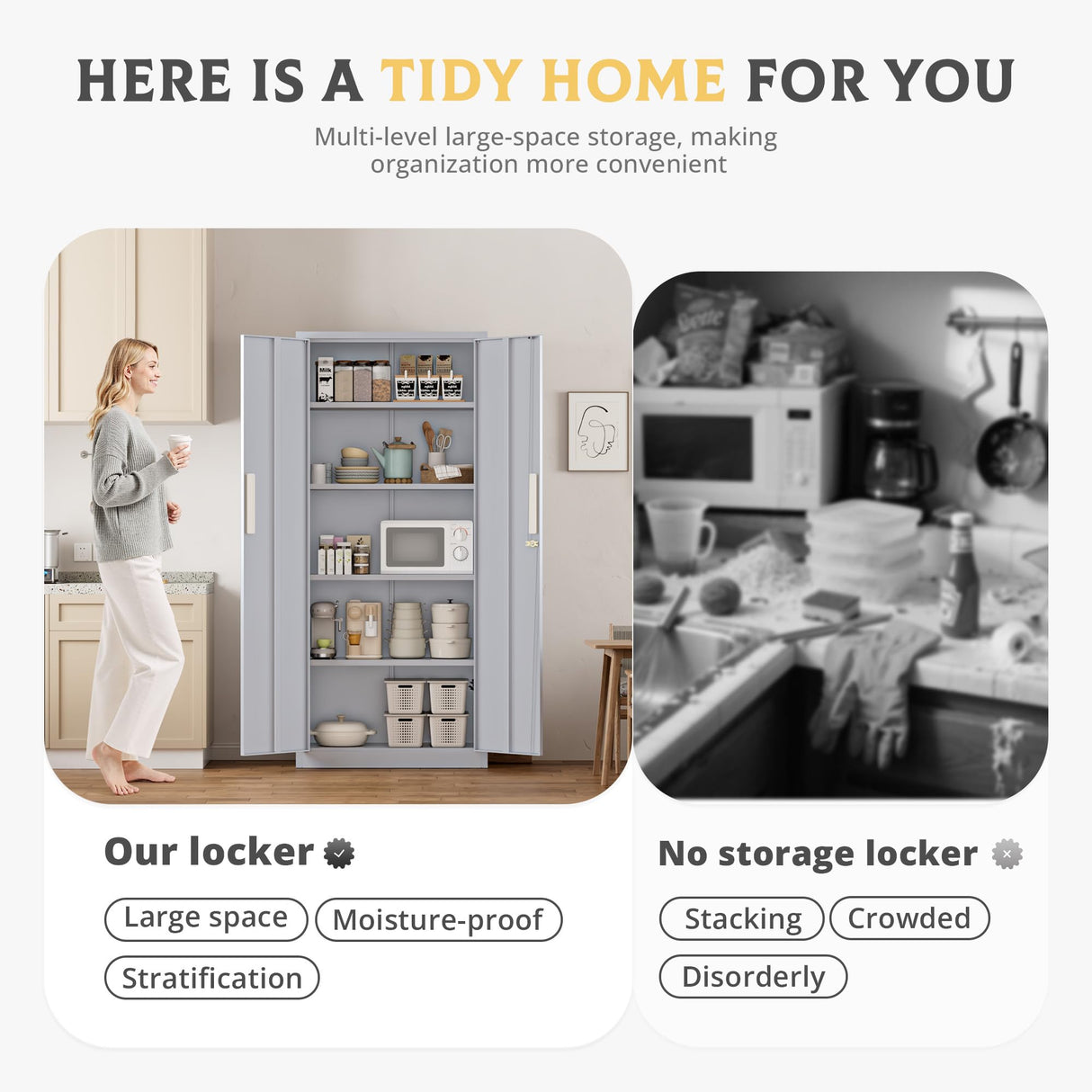 SUNCROWN 63" Metal Storage Cabinets with Lock, Tool Cabinet, Locking Steel Storage, Tall Locker Organizer Garage Cabinets with 2 Doors and 4 Shelves for Home,Garage,Office, Dark Grey SUNCROWN