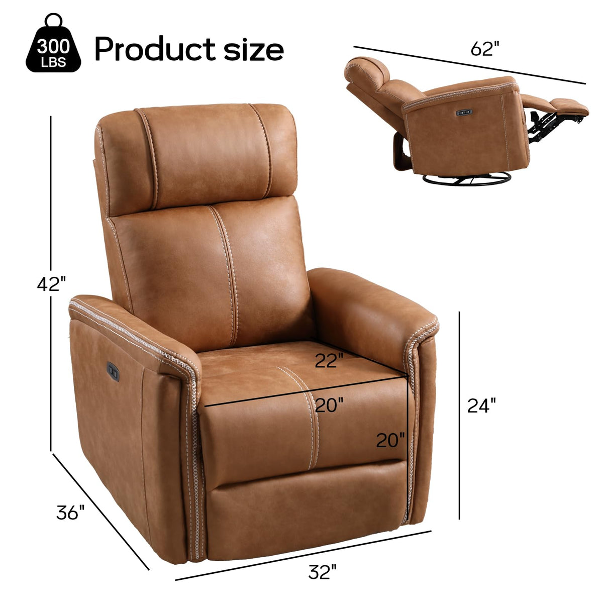 CANMOV Faux Leather Power Swivel Rocker Recliner,Glider Recliner for Nursery,Electric Swivel Rocker with USB Port,Upholstered Nursery Glider Reclining Sofa for Living Room,Brown CANMOV
