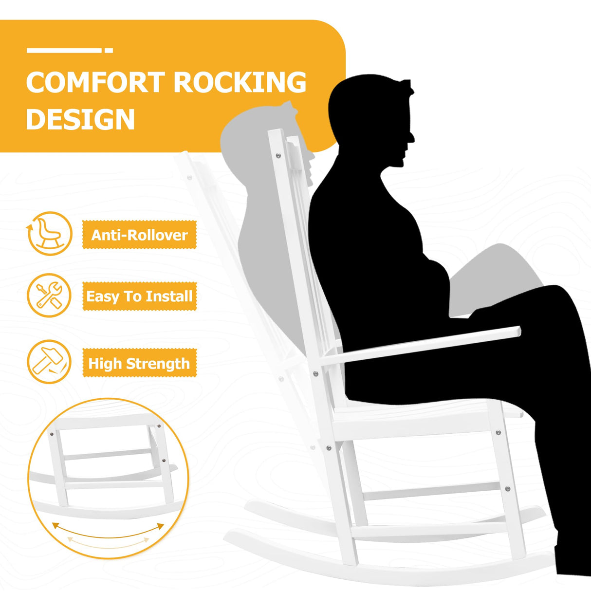 Flamaker Outdoor Rocking Chair Oversized Wooden Patio Chairs with Widened Armrest High Back Porch Rocker for Lawn, Garden, Backyard, Fire Pit (White) Flamaker