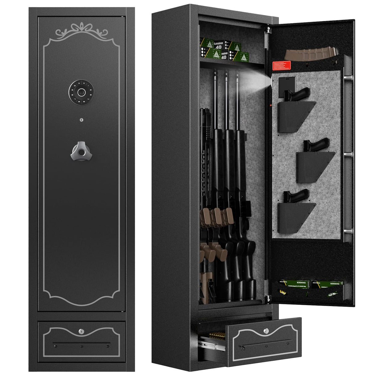 Zevemomo Gun Safes, 8 Gun Cabinet Rifle Safe for Home, Quick & Easy Access Gun Safe for Rifles and Pistols with LED Light & Drawer, Electronic Lock Zevemomo