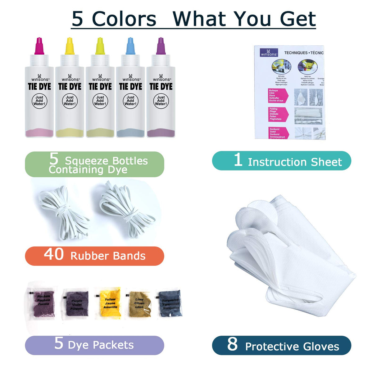 WINSONS Tie Dye Kit 5 Colors Permanent Fabric Dye Art Set for Kids Adults for School, Homemade Party, Creative Groups Activities, DIY Gift WINSONS