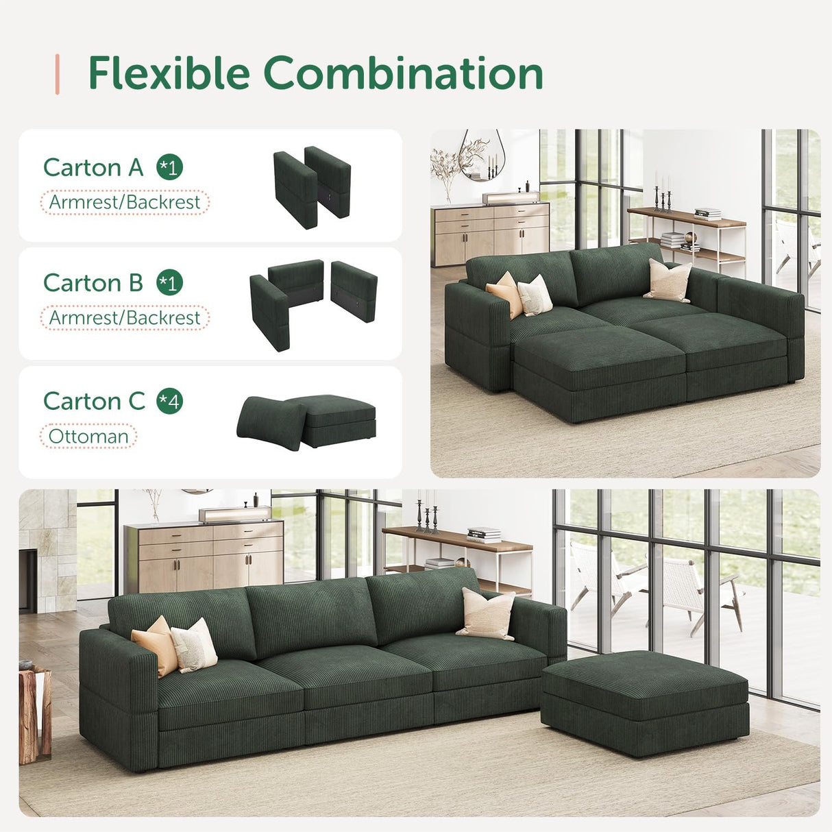 HONBAY Modular Sectional Couch with Storage Corduroy L Shaped Sectional Couches for Living Room,Green HONBAY