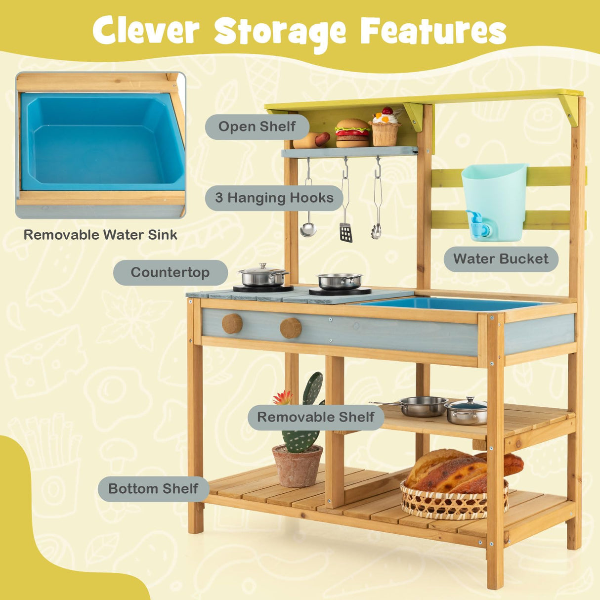 HONEY JOY Mud Kitchen for Kids Outdoor, Fir Wood Pretend Play Toy Kitchen with Removable Sink, Real Water Tank & Faucet, Stove, Toddler Kitchen Playset, Gift for Boys Girls, Natural HONEY JOY