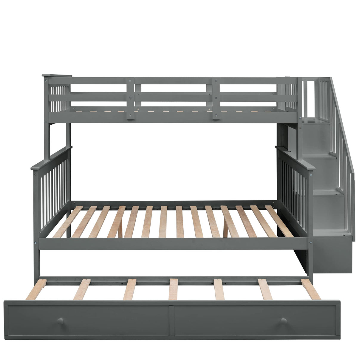 Morhome Twin-Over-Full Bunk Bed with Trundle, Storage Stairs, and Full-Length Guard Rail Morhome