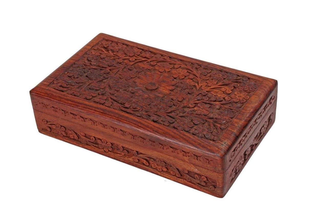 Ajuny Wooden Handcarved Decorative Jewelry Storage Box Flower Design Multipurpose Treasure Chest Keepsake Organizer Necklaces Watch Boxes Great for Gifts 10x6 Inch Ajuny