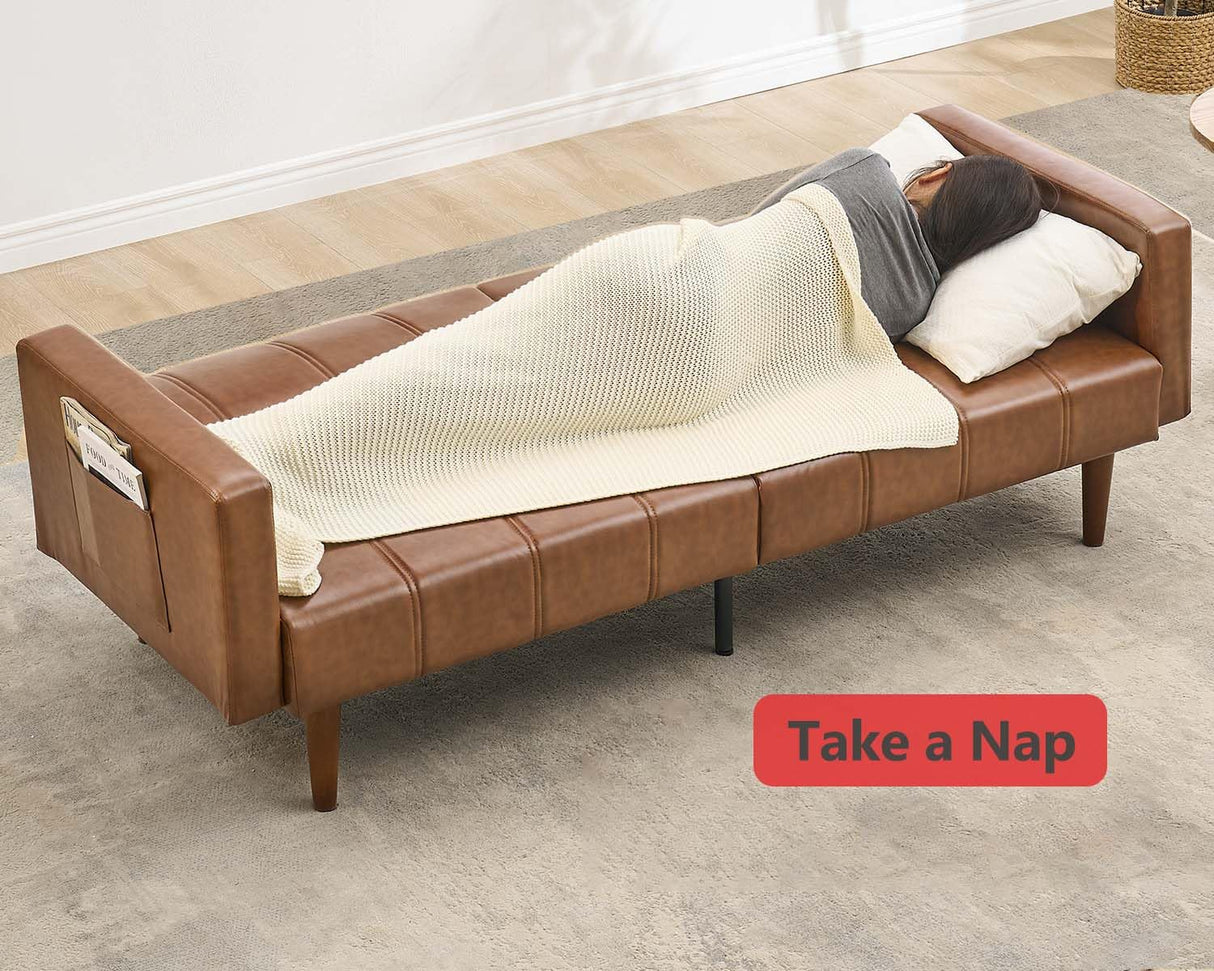 GarveeHome 75 in Futon Sofa Bed Mid-Century Futon Couch, PU Leathe Convertible Sleeper Couch with Adjustable Backrest, Loveseat and Side Pockets for Living Room & Bedroom (Brown) GarveeHome