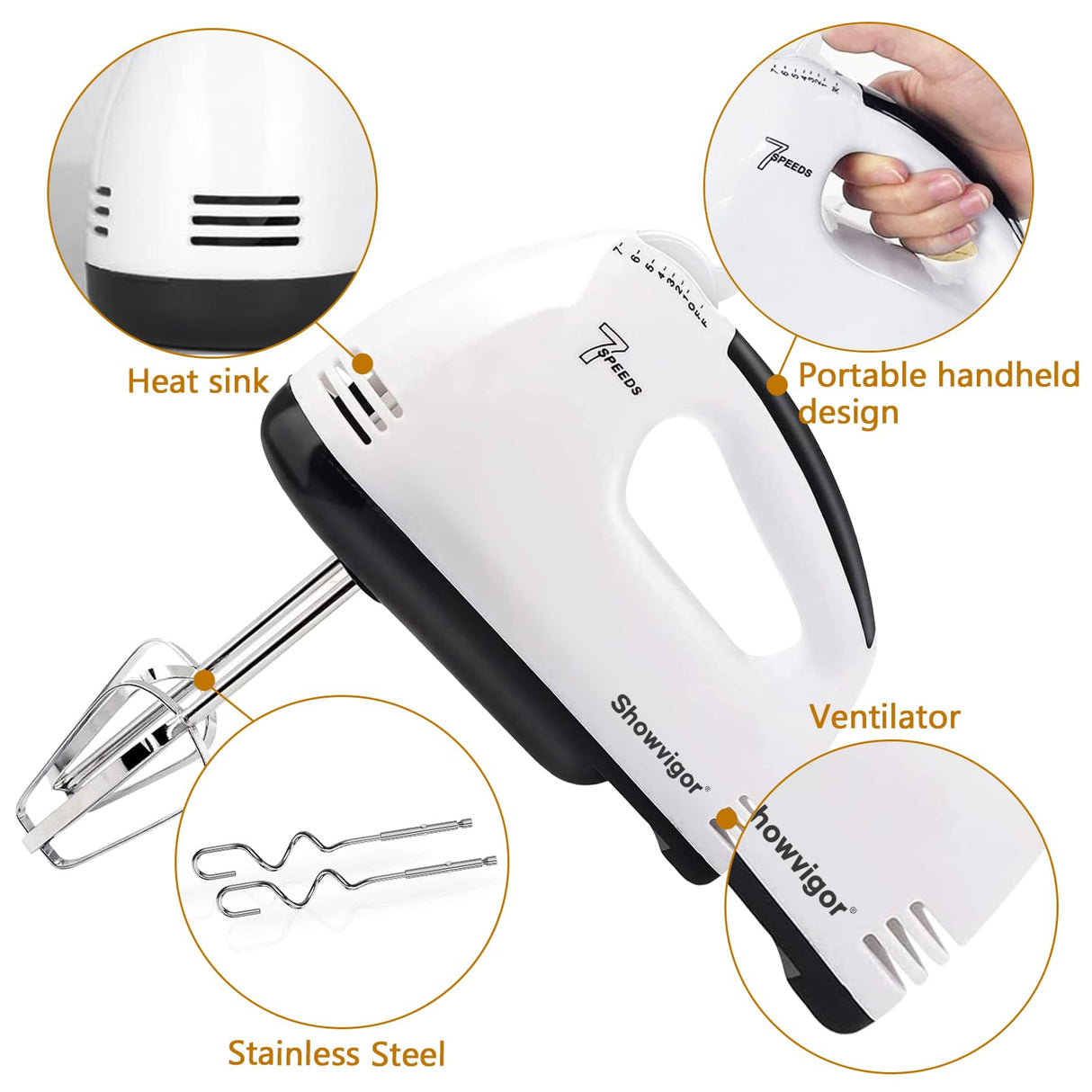 Showvigor Handmixer Electric Handheld - 7 Speed Portable Kitchen Mixer Electric with 5 Stainless Steel Accessories Whisk, Food Beater for Whipping Mixing Cookies Cakes Eggs Dough Showvigor