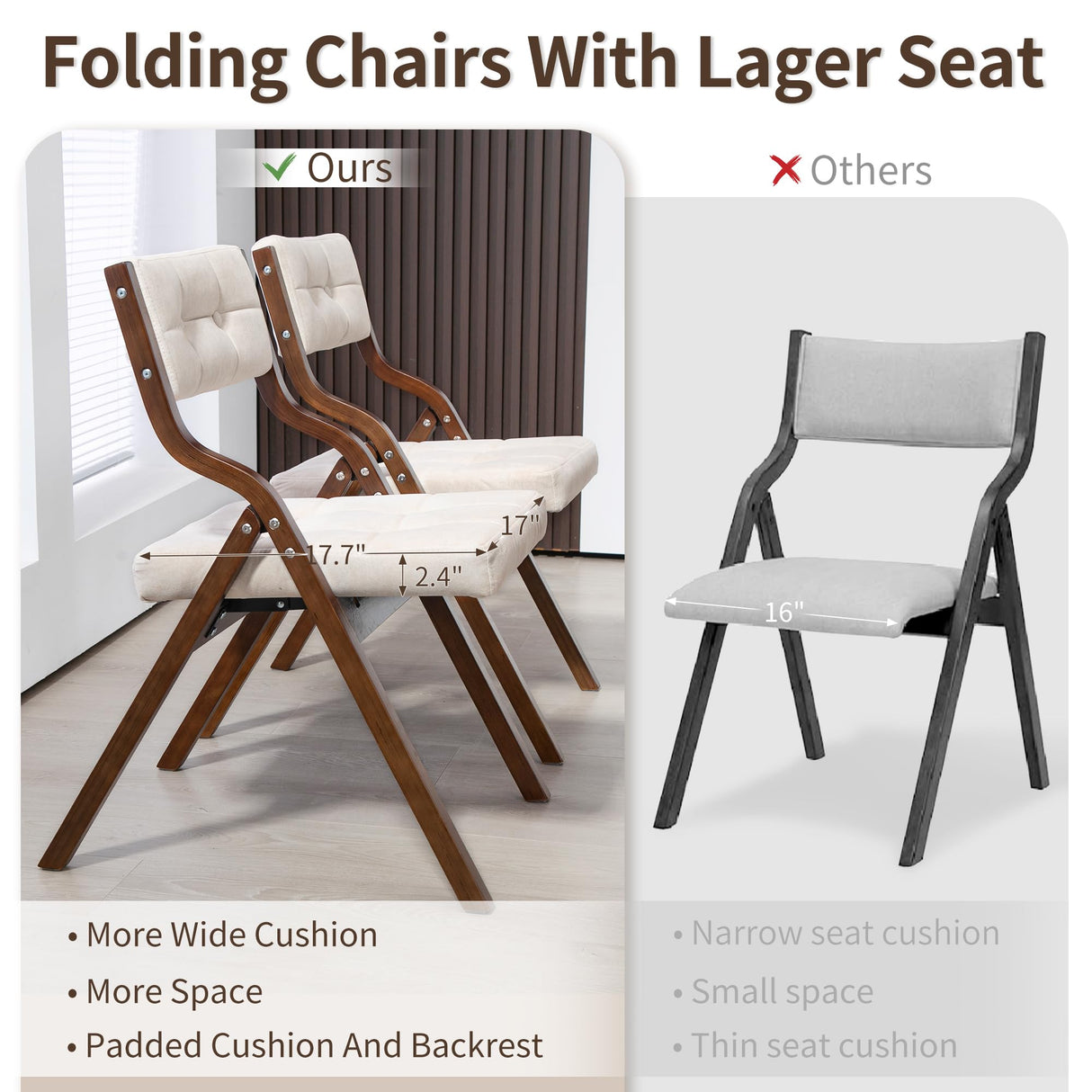 HOMEFUN Folding Chairs with Cushion, Wooden Padded Folding Chairs 2 Pack, Portable and Assembled Folding Dining Chair for Guests Kitchen Office Wedding and Party, Camel HOMEFUN