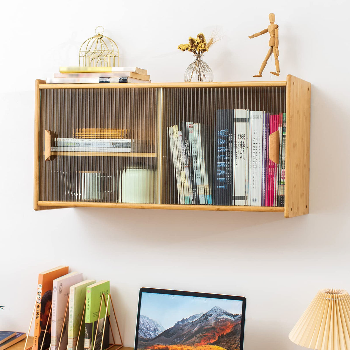 HollyHOME Burlywood Bamboo Wall-Mounted Kitchen Pantry with Sliding Glass Doors and Ample Storage HollyHOME