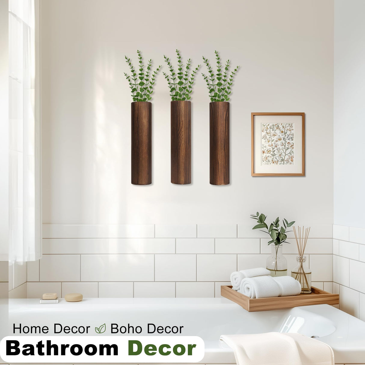 Fttoyoly 3 Pack Wood Wall Planter with Artificial Eucalyptus, Modern Wall Decor for Living Room Bedroom Bathroom Entryway, Farmhouse Boho Wall Vases for Dried Flowers and Faux Plants Fttoyoly