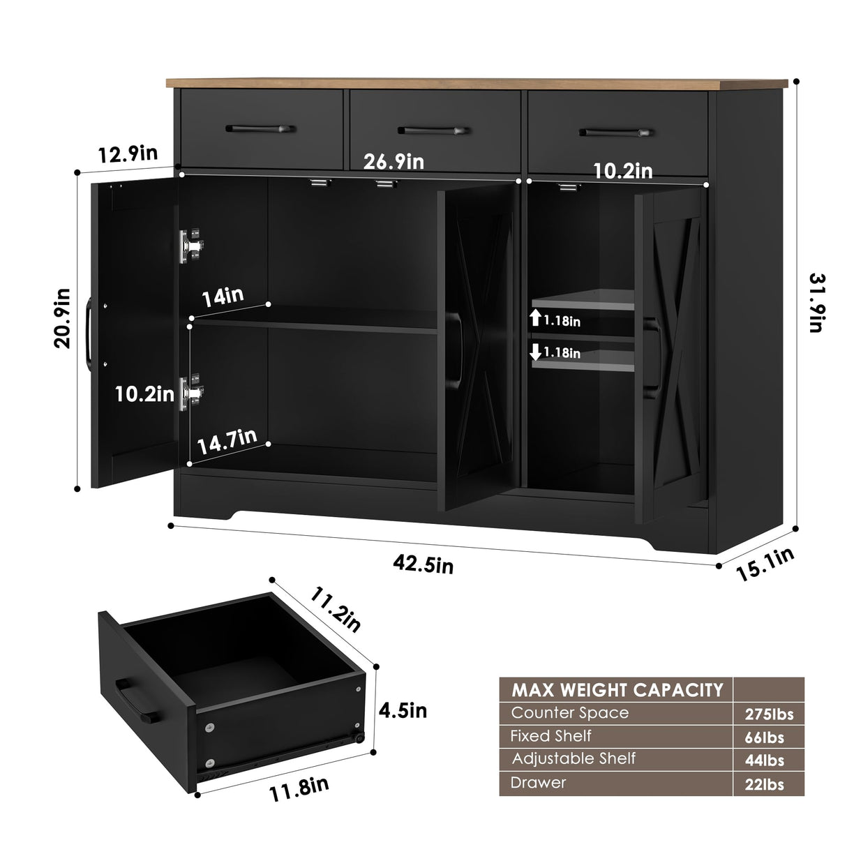 HOSTACK Modern Farmhouse Buffet Sideboard Cabinet, Barn Doors Storage Cabinet with Drawers and Shelves, Wood Coffee Bar Cabinet with Storage for Dining Room, Kitchen, Living Room, Black/Rustic Brown HOSTACK
