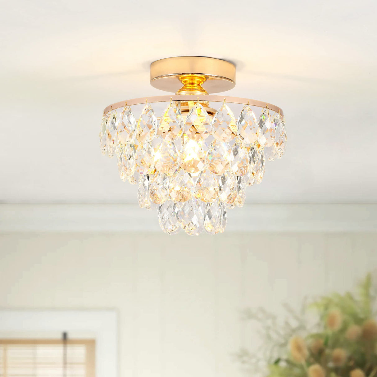 Luupyia Gold Crystal Chandelier Small Modern Chandelier, Mini Ceiling Light Flush Mount Crystal Chandelier Hallway Light Fixtures Ceiling Crystal Light for Hallway Bedroom Hall Living Room Luupyia