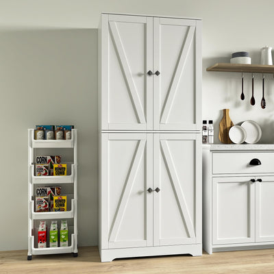 NOVAMAISON Kitchen Pantry Cabinet, 72” Tall Farmhouse Storage Cabinet with 4 Barn Doors and Adjustable Shelves, Pantry Cabinet Versatile Storage for Kitchen, Living Room, White