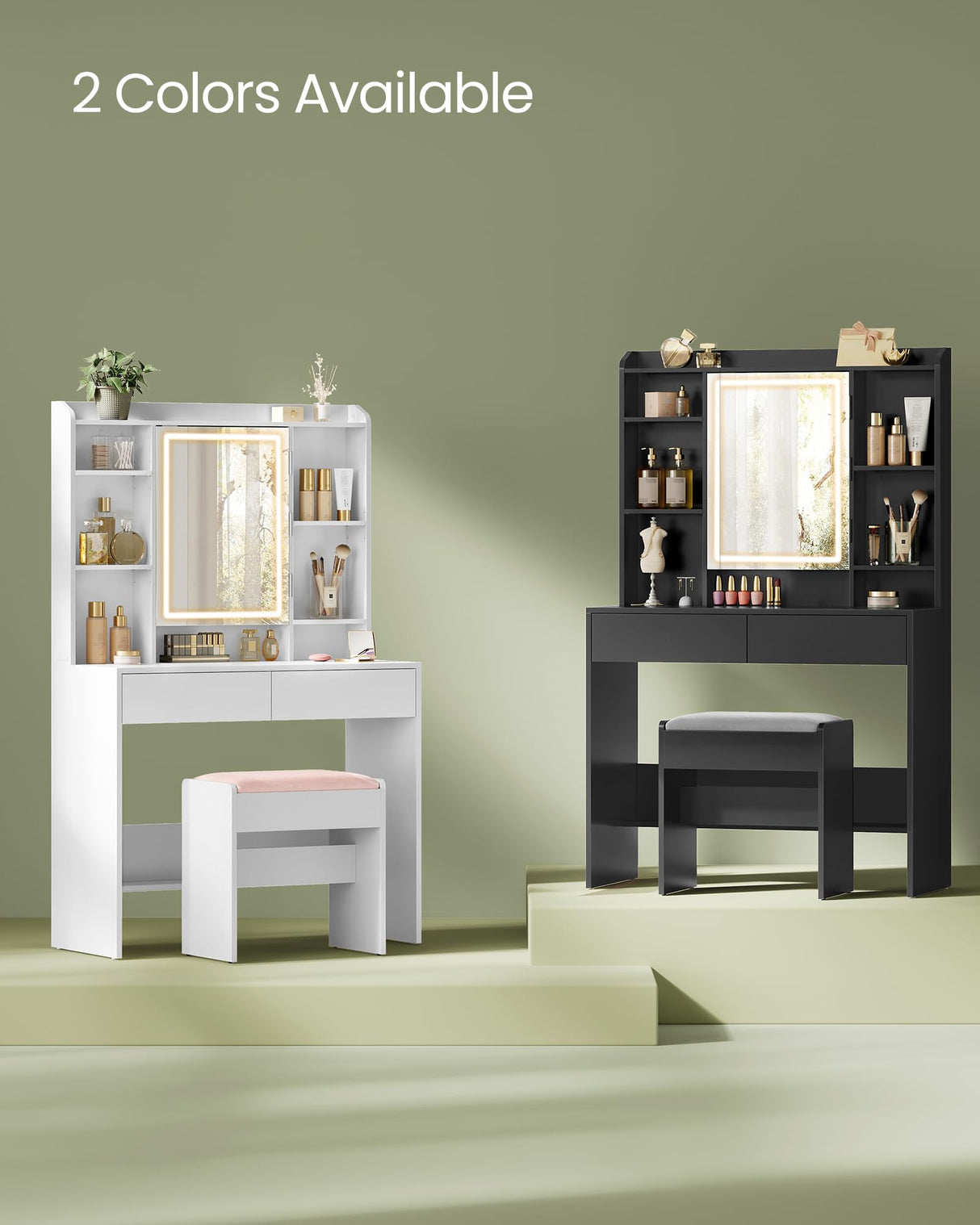 VASAGLE Vanity Desk with Mirror and Lights, Makeup Vanity with Upholstered Vanity Stool, Dimmable LED Lights, Adjustable Shelves, 7 Compartments, 2 Drawers, for Bedroom, Ink Black URDT131B01 VASAGLE