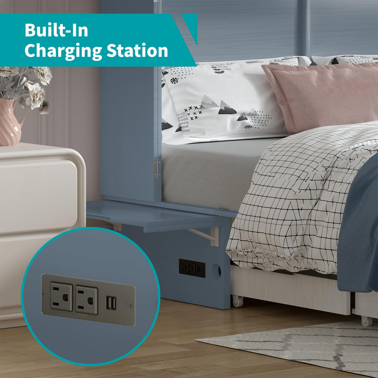 BALUS Queen Murphy Bed with Built-in USB Charging Station, Cube Cabinet Bed with Tri-Folding Memory Foam Mattress, 2 Storage Drawers, Space-Saving Wall Chest Beds for Guest Room/Apartment, Grey-Blue BALUS