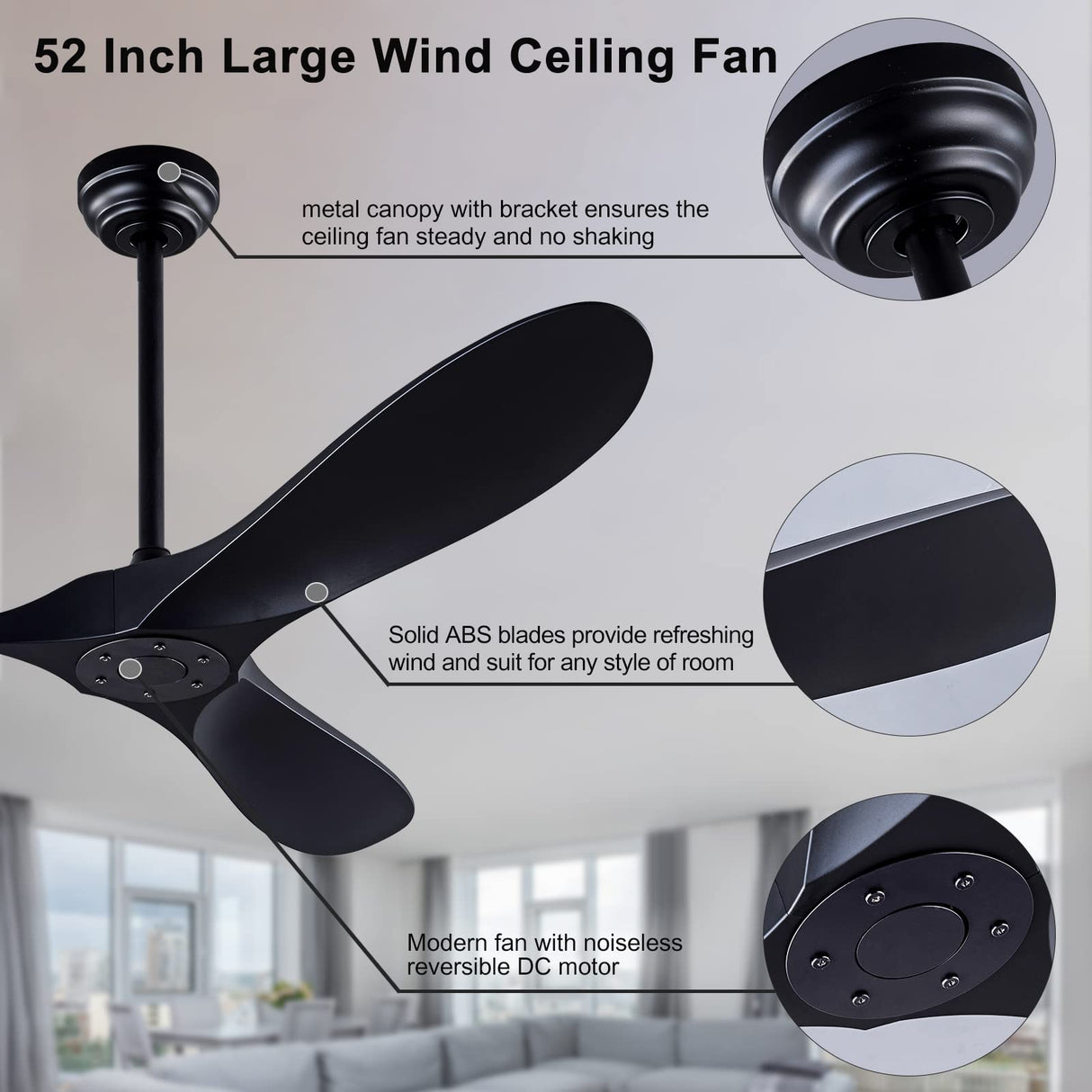 QUTWOB 52" Ceiling Fan with Remote Control No Lights,Modern Reversible DC Motor Indoor Outdoor 3 Blades Ceiling Fans for Patio Bedroom Living Room(Black) QUTWOB
