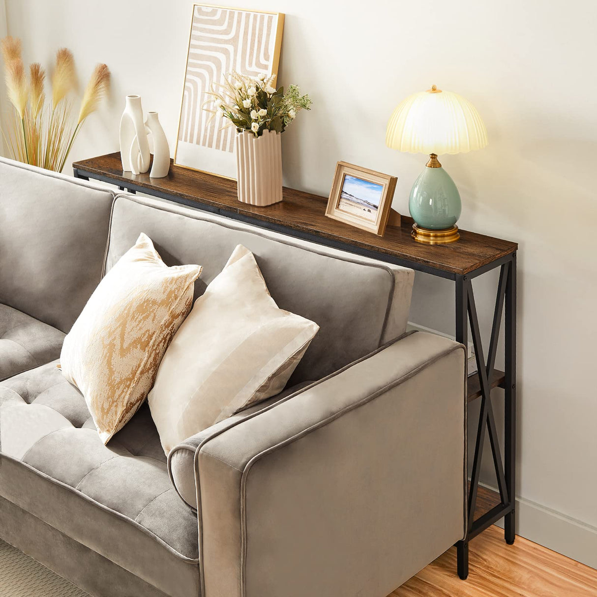 MAHANCRIS 55" Sofa Table, Industrial Console Table, 3-Tier Narrow Side Table with Open Shelves, Foyer Table for Entryway, Hallway, Kitchen, Living Room and Bedroom, Rustic Brown CTHR80401 MAHANCRIS