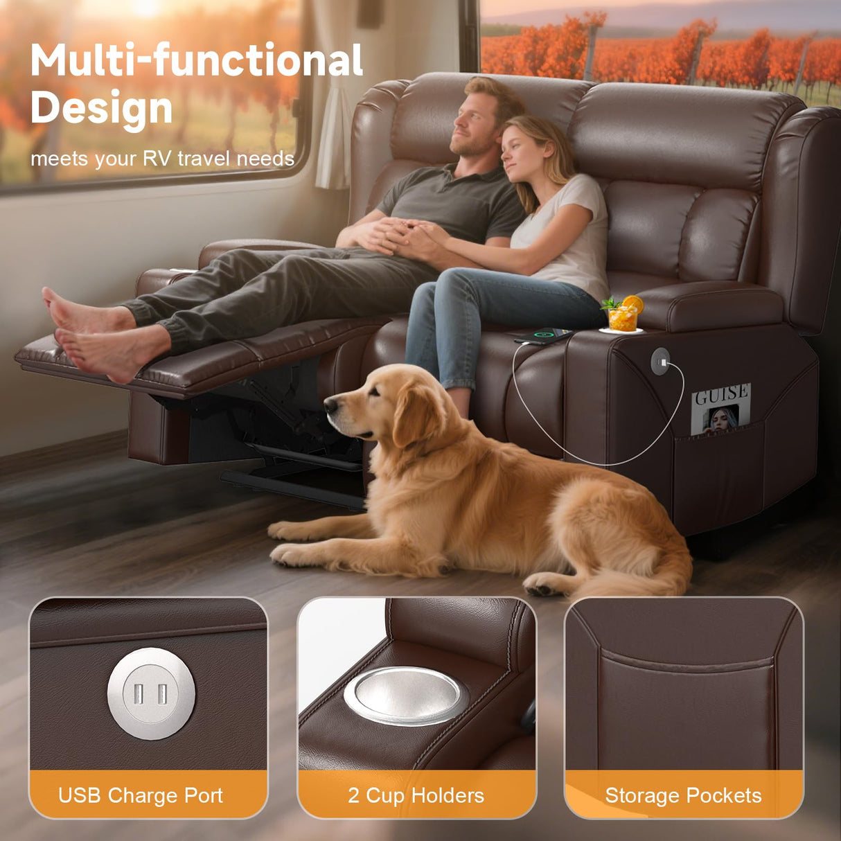 MisUMis RV Loveseat Recliner Sofa, Wall Hugger Reclining Loveseat RV Couch with USB Ports, Large Pockets, Cup Holders, 150° Adjustable RV Recliners Furniture for Travel Trailers & Home Theater Seating MisUMis