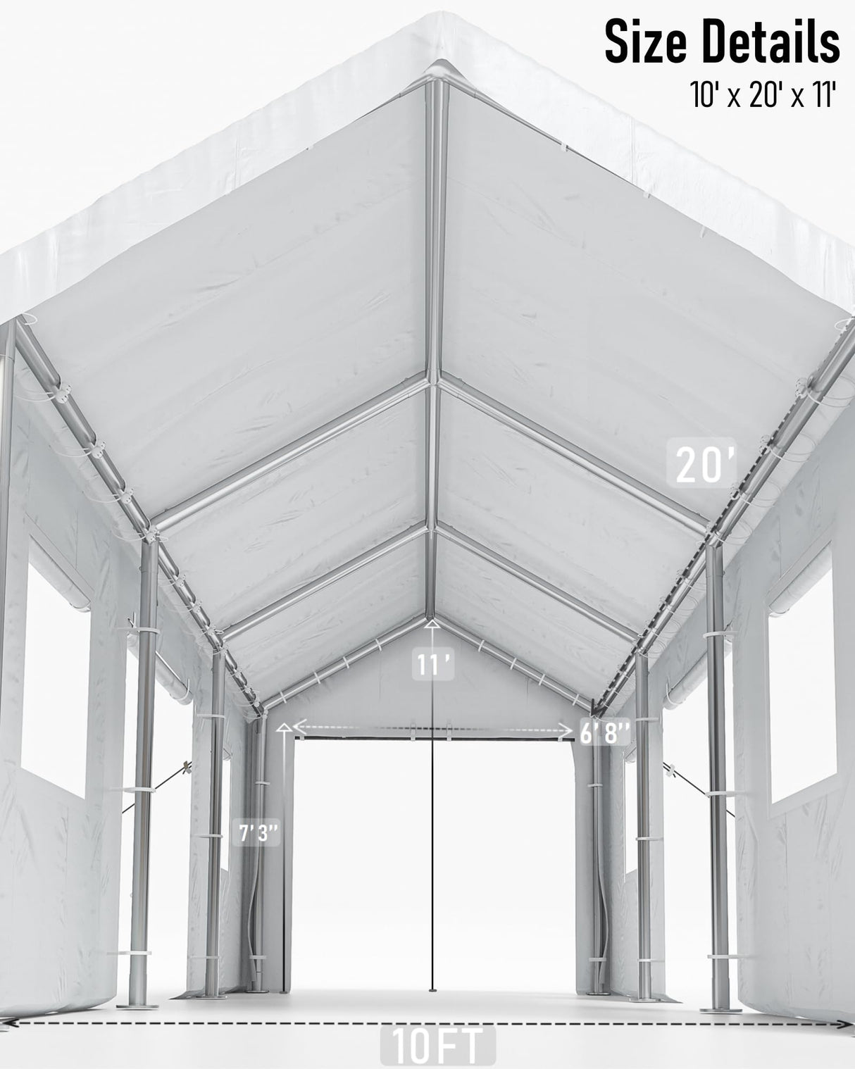 KYBOLT 10 x 20 Ft Heavy-Duty Carport, Portable Garage, 180g PE Waterproof Canopy and 8 x 1.0 mm Poles for Full-Size Pickup Trucks, Boats, and SUVs - White KYBOLT