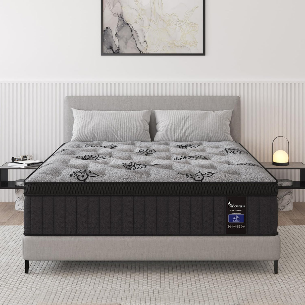 VISCOUNTESS Queen Mattress, 14 Inches Hybrid Mattress Bed in a Box with Gel Memory Foam & Pocket Spring, Euro Top, Medium Firm for Back Support & Pressure Relief, Motion Isolation, Grey VISCOUNTESS