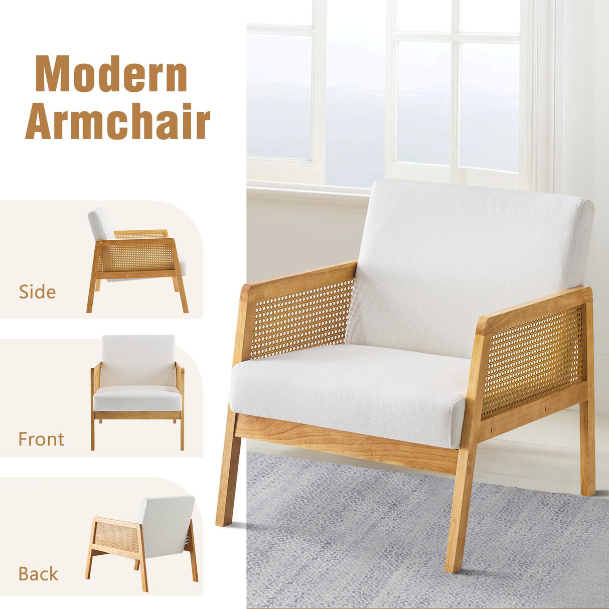 Linen Fabric Accent Chair for Living Room Set of 2, Rattan Webbing Reading Chair with Sturdy Wood Frame, Upholstered Lounge Armchairs for Bedroom, Indoor & Outdoor, Patio Furniture, Beige Furniliving