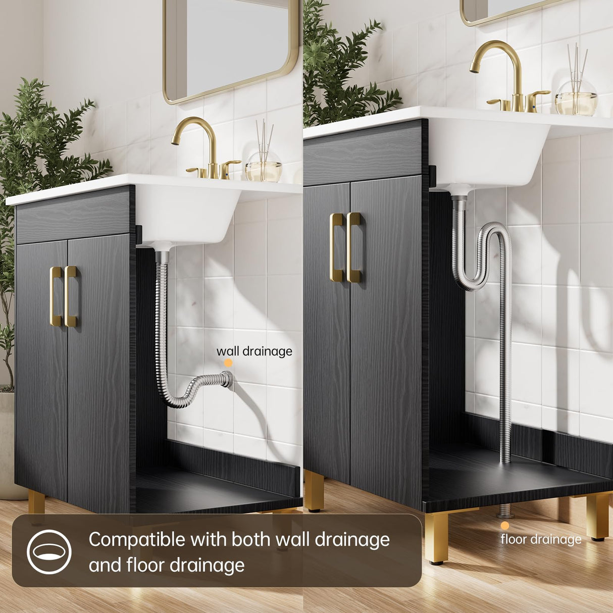 phiestina Fully Pre-Assembled Black 24 Inch Bathroom Vanity with Single Ceramic Countertop Sink Combo, 2 Soft Close Doors Bathroom Cabinet Set, Faucet Not Included,BV01-BLACK-JH phiestina