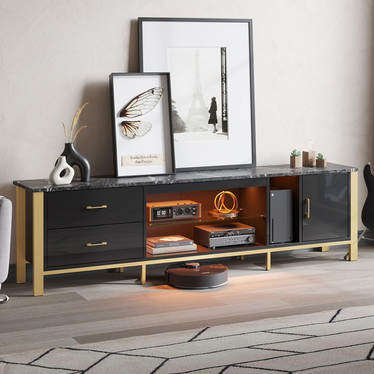 Bestier TV Stand for 75/80/85/90 Inch TV, LED Gaming Entertainment Center, Modern TV Cabinet with Glass Shelves for Living Room, 2 Storage Drawers & Cabinets for Bedroom, Black Glossy Bestier