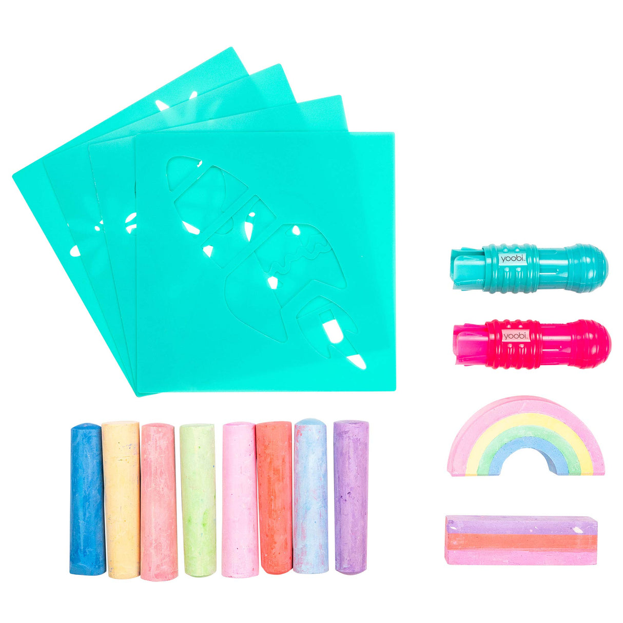 Yoobi | Rainbow Sidewalk Chalk and Stencil Set | 16 Piece Includes 2 Chalk Holders and 4 Fun Stencils | Non Toxic & Washable | Outdoor Art Activities for Kids Yoobi