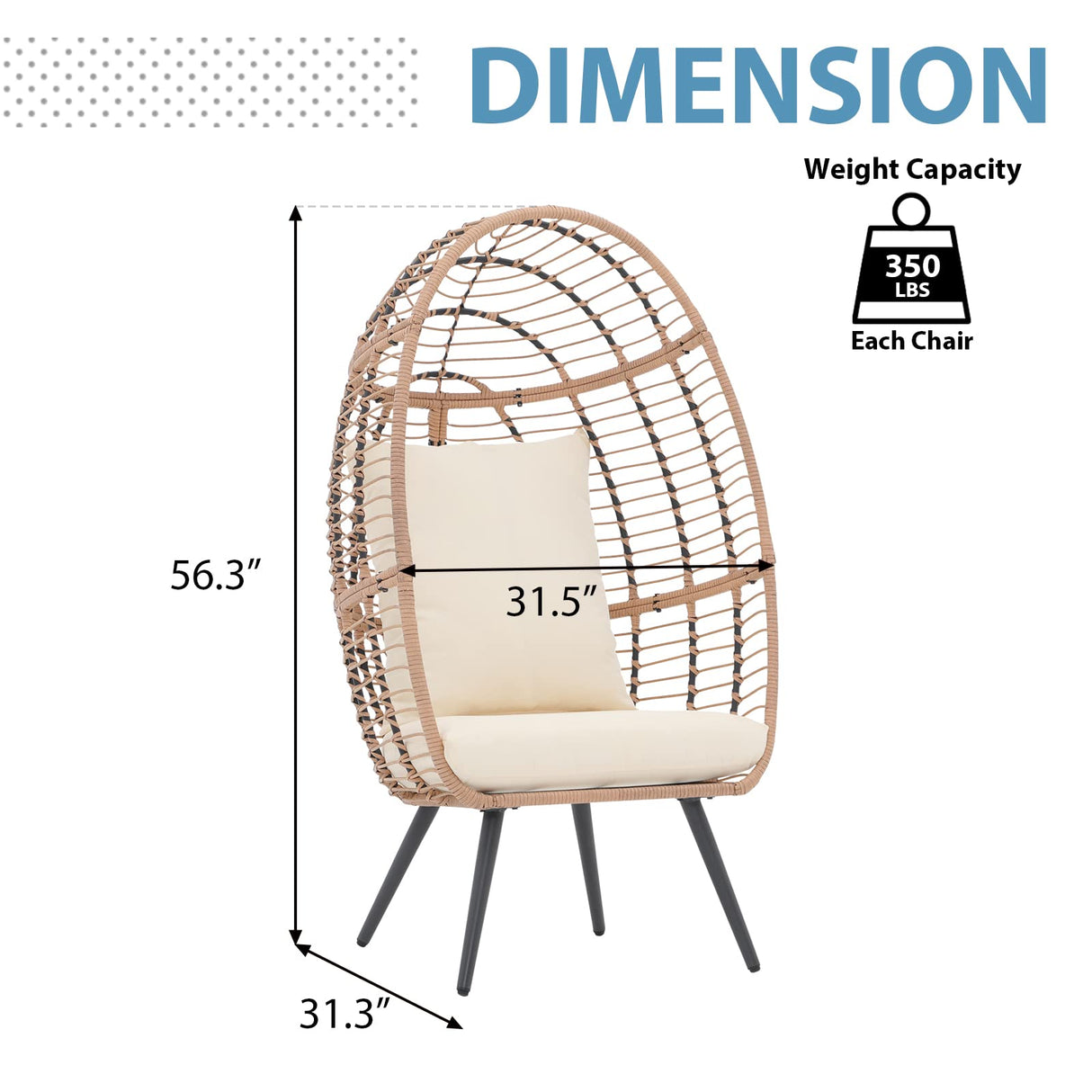 JOIVI Wicker Egg Chair, Oversized Indoor Outdoor Lounger Large Egg Basket Chair with Stand and Cushions for Patio Porch, Backyard, Living Room, Balcony (Beige Rattan, Creamy White Cushion) JOIVI