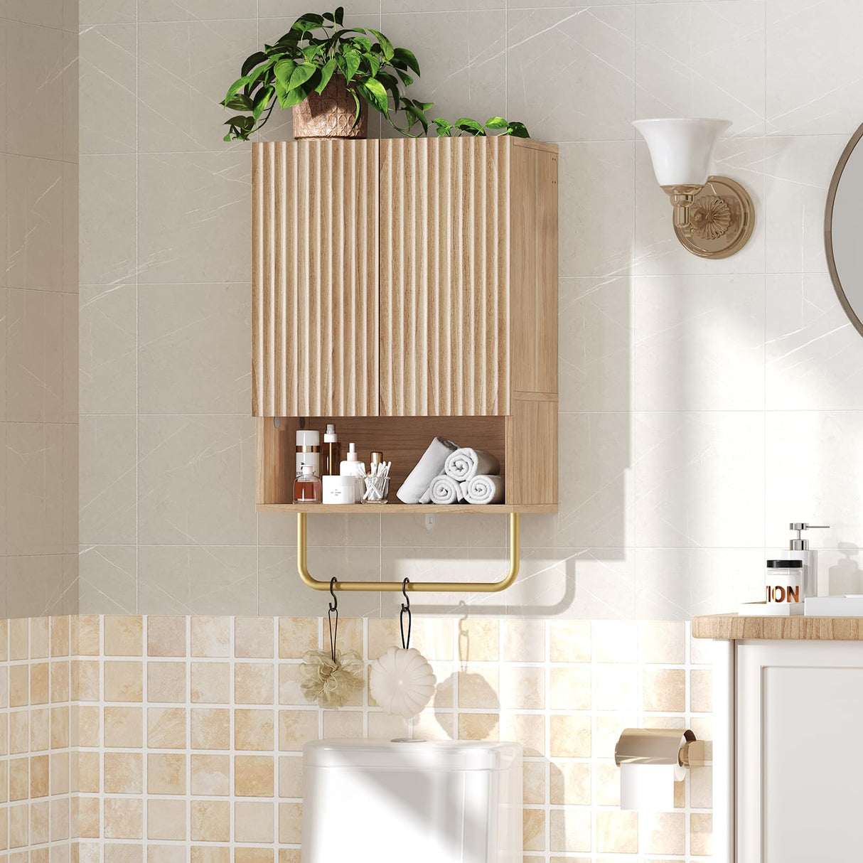 MAHANCRIS Bathroom Wall Cabinet, Wall Mounted Medicine Cabinets with Towel Bar & Adjustable Shelf, Over The Toilet Space Saver Storage Cabinet with 2 Doors, for Bathroom Laundry Room Kitchen, Natural MAHANCRIS