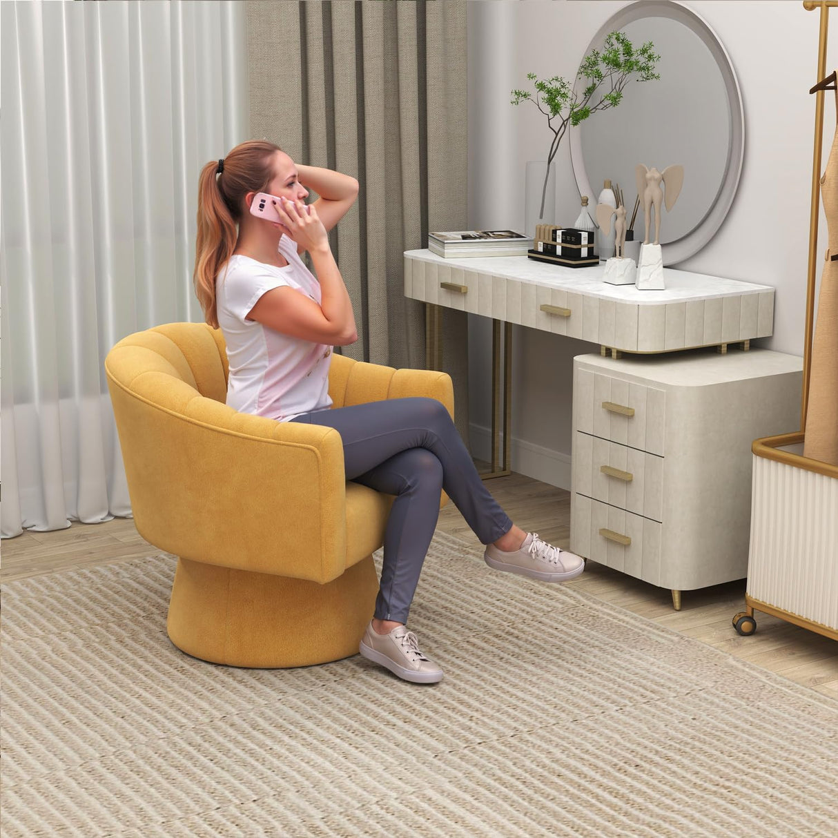 Swivel Accent Chair,Upholstered Velvet 360° Swivel Barrel Chair for Living Room Overstuffed Bouncle Reading Chair Round Armchair for Bedroom,Vanity,Office(Mustard) SEYNAR