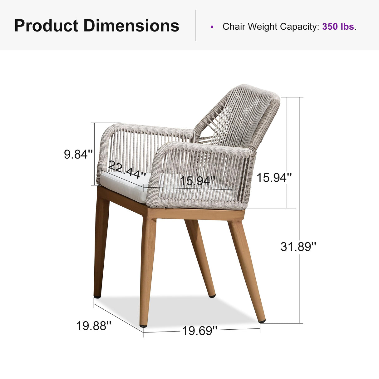 PURPLE LEAF Patio Dining Chair Set 2 Pieces Metal Modern Furniture Seating for Garden Kitchen Porch Outdoor Rattan Dining Chairs with Armrests and Cushions, Teak PURPLE LEAF