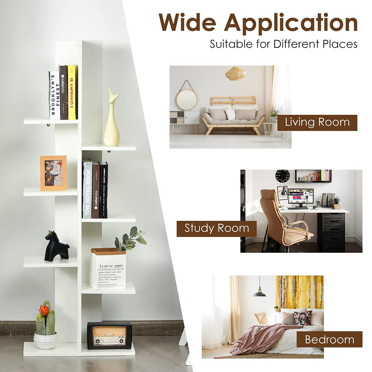 Giantex Tree Bookshelf, 7-Tier Tall Freestanding Wood Bookshelf with Anti-toppling, Modern Multipurpose Display Storage Rack Organizer Corner Shelf for Books, Photos, White Giantex
