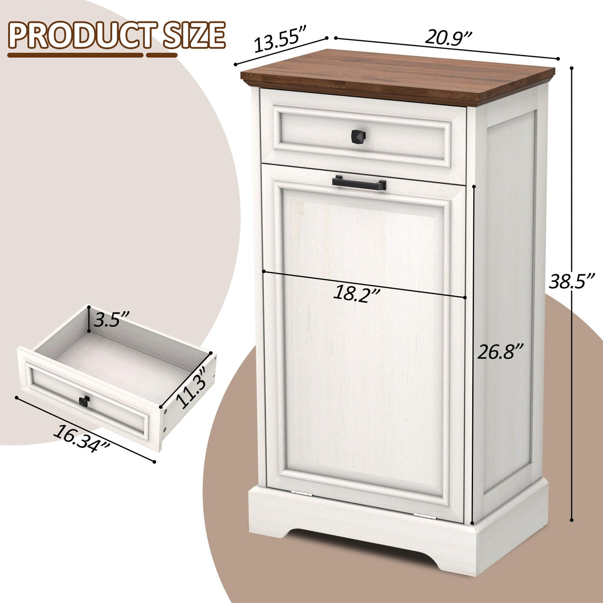 AHB 13 Gallon Tilt Out Trash Cabinet Kitchen Waste Bins, Laundry Hamper Tilt Out Pet Proof Hidden Trash Bin for Kitchen Living Room, Antique White and Brown AHB