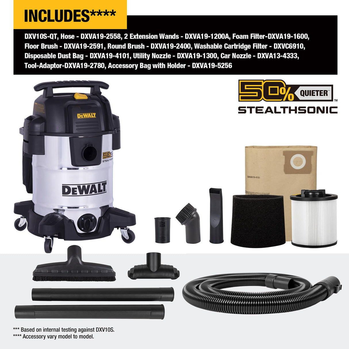 DEWALT 10 Gallon STEALTHSONIC Shop Vacuum Wet and Dry, Ultra Quiet Heavy Duty Shop Vacuum with Attachments, Powerful Outdoor Shop Vac for Car, Garage, Workshop, Jobsite, Patio, DXV10S-QT, 5 Peak HP DEWALT