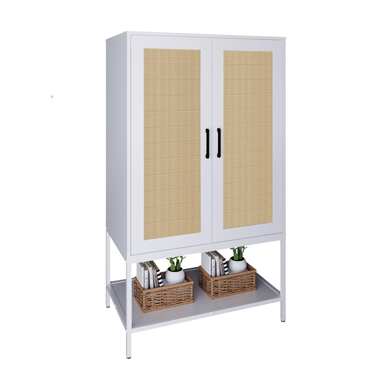 Gyger Wardrobe Closet with 2 Doors,Rattan Bedroom Armoires with Hanging Rod Freestanding Wooden Wardrobe Cabinet with Shelves,White Gyger
