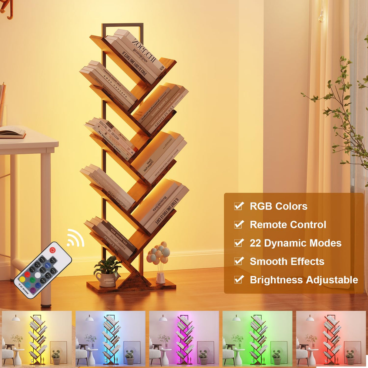 Qupui Tree Bookshelf with LED Lights, 9 Tier Floor Standing Bookcase, Classical Corner Bookshelf Kids Bookshelf, Tall Bookshelf, Wood Book Shelf for Bedroom, Living Room, Home Office, Brown Qupui