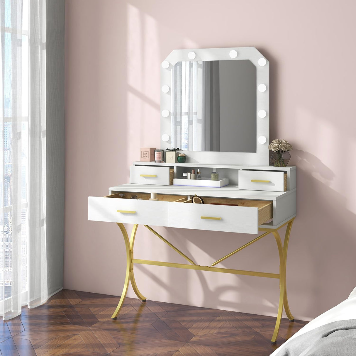 Vanity Table with Lighted Mirror, Modern Makeup Vanity Table with 10 Lights Makeup Desk 4 Drawer Storage Dressing Table for Bedroom (White) Panana