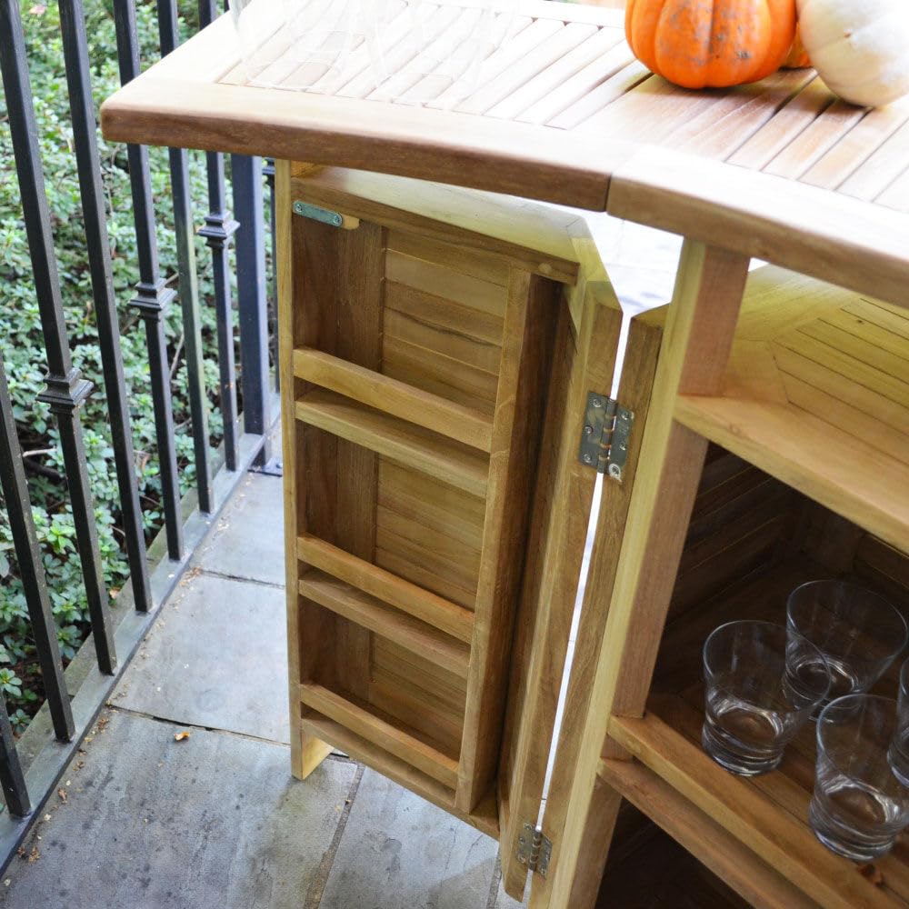 TITAN GREAT OUTDOORS Ash & Ember Grade A Teak Folding Bar Table, Two Tier Cabinet with Folding Panels, Indoor Outdoor Solid Wood Patio Furniture, Tightly Spaced Slats, Weather Resistant Bar Furniture TITAN GREAT OUTDOORS