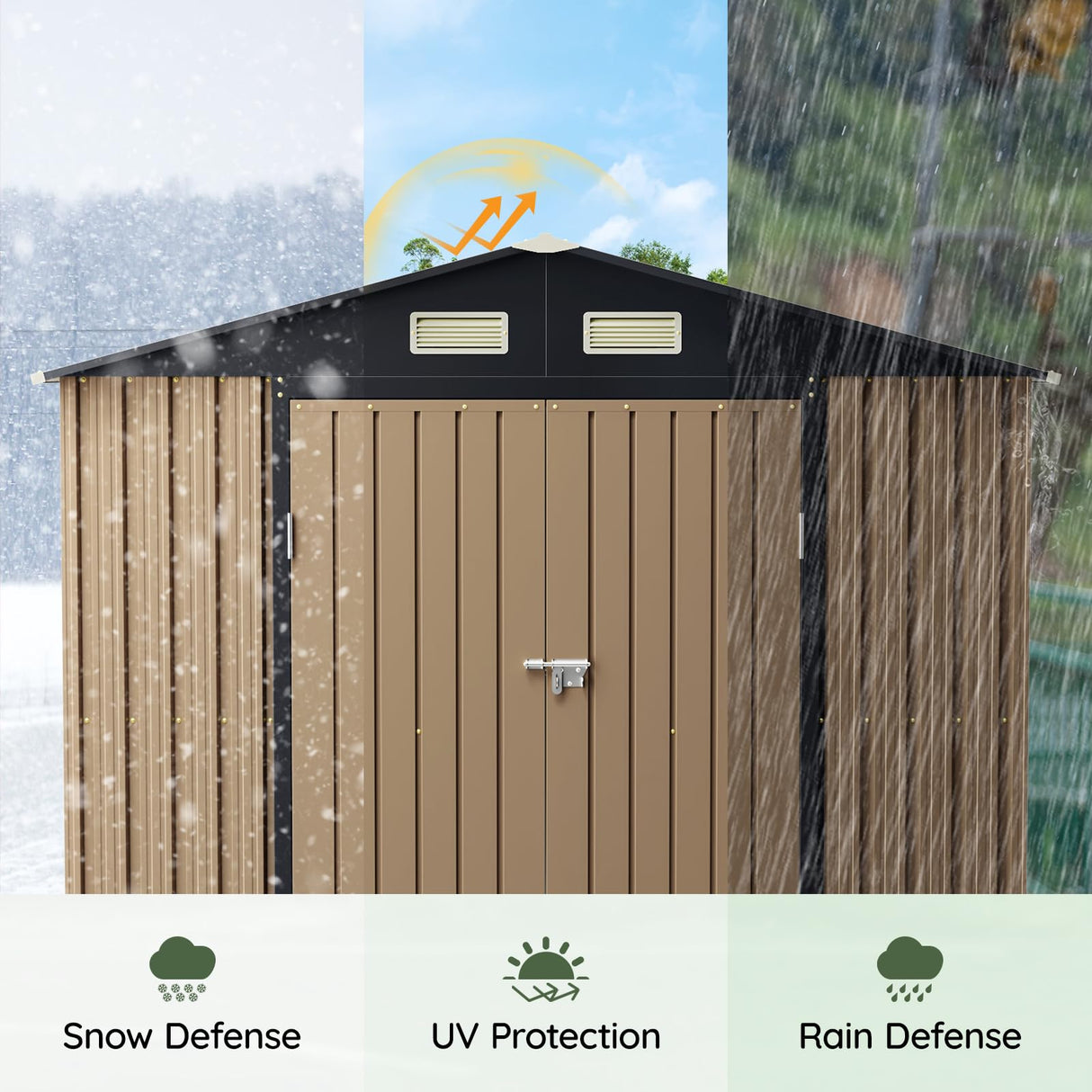 Grovellis 6x8FT Outdoor Metal Storage Shed, Double Door, 1 Clear Window, Tool Shed for Garden, Patio, Backyard Brown Grovellis