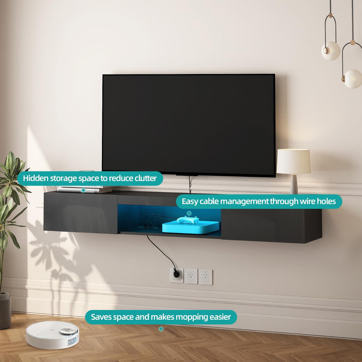 Floating TV Stand Shelf for TVs up to 80 Inch, Floating TV Cabinet with LED Light, Modern Wall Mounted Media Console Shelf with Power Outlets, Entertainment Center for Under TV Storage, Black Msutree