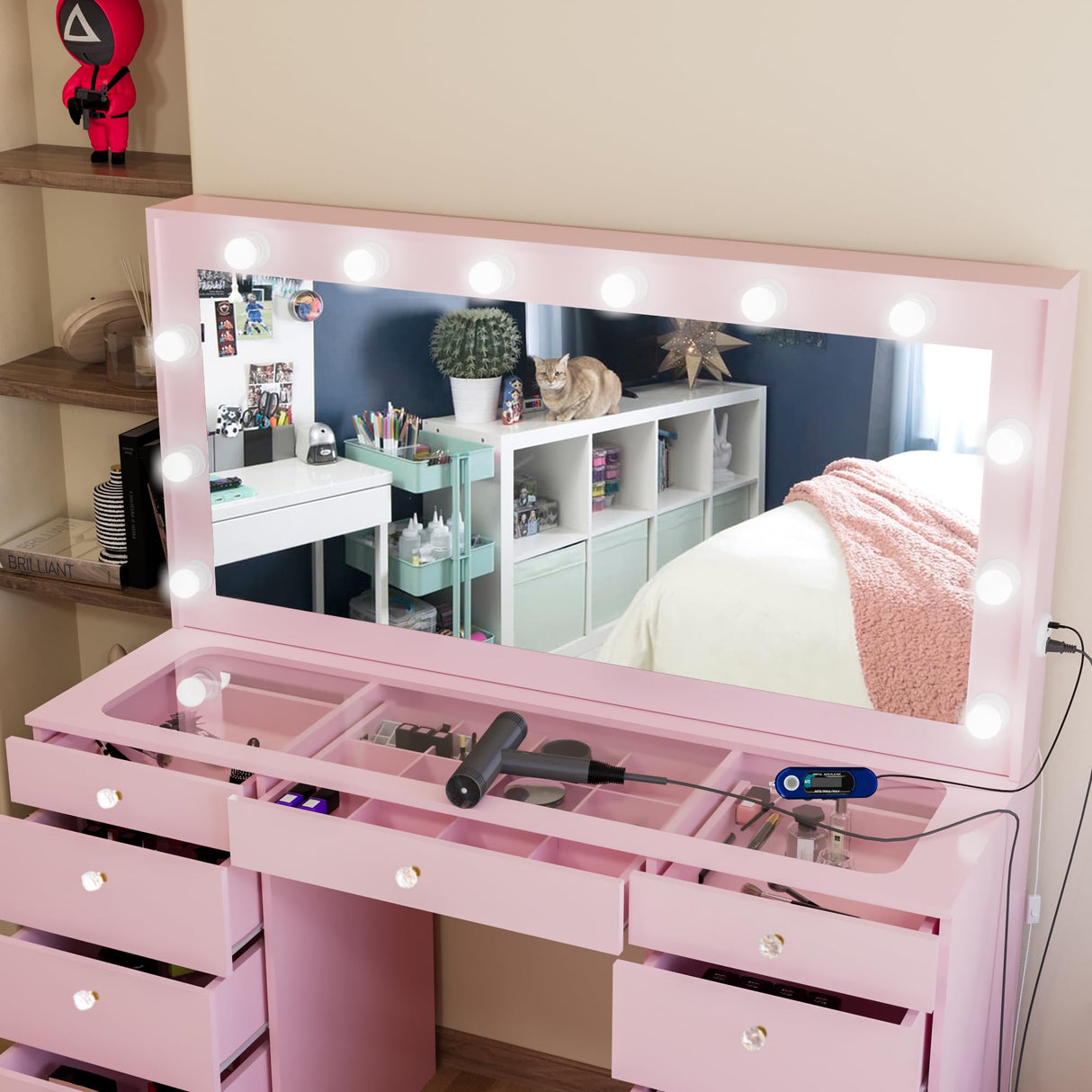 Boahaus Orla Extra-Large Makeup Vanity Desk with Hollywood Lights, 11 Drawers, Hair Dryer Hanger, USB Type-C & Type-A, Power Outlet for Beauty Tools, Glass Top, Crystal Knobs – Premium Pink Finish Boahaus