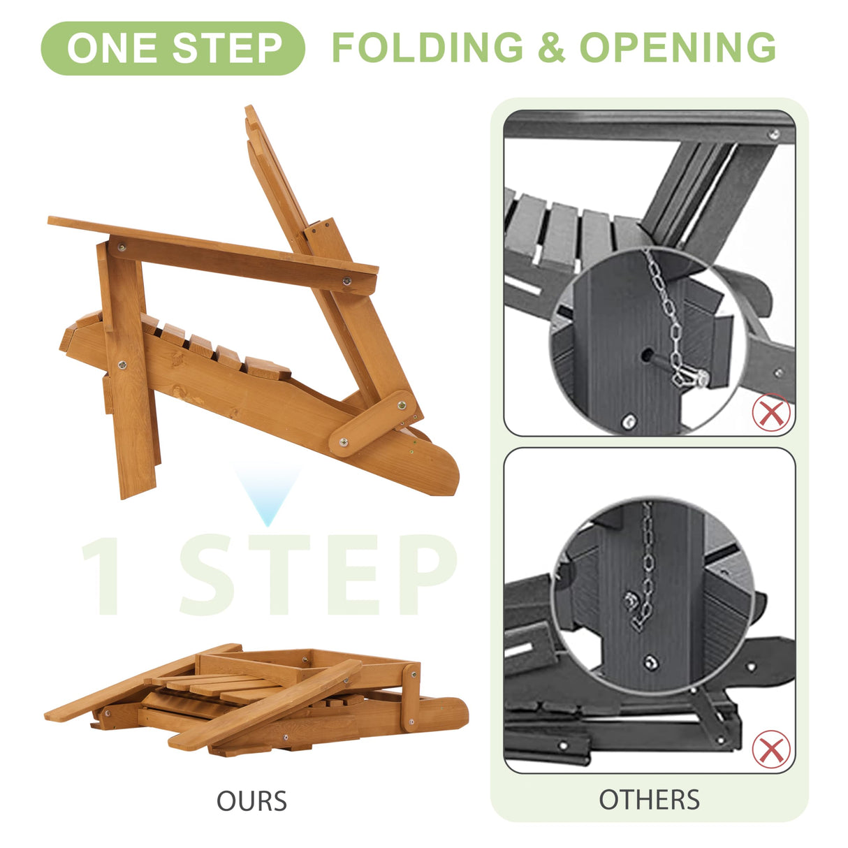 Oversized Wooden Folding Adirondack Chair with Ottoman, Pre-Assembled Backrest and Seat Board, Lounge Chair for Outdoor Patio Garden Lawn Backyard Firepit Deck Pool Beach Wood-Natrl