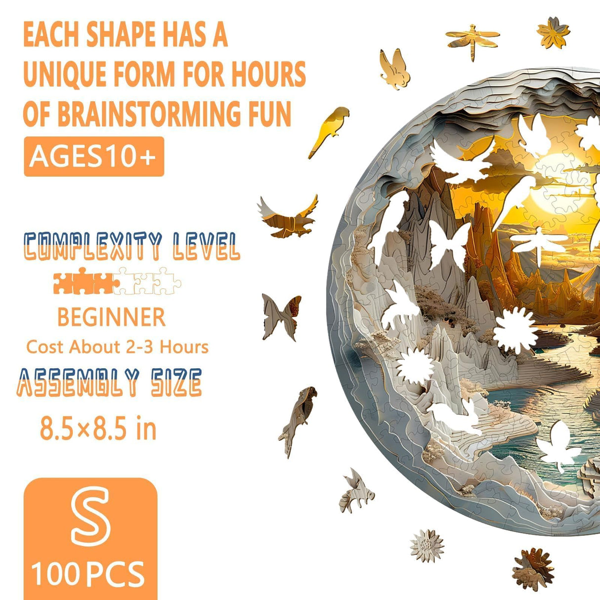 Wooden Puzzles for Adults, 3D Vision Effects Inside The Cave Wooden Jigsaw Puzzles for Adults, Unique Shape, Mountain Rivulet Sunset Landscape Wood Puzzles Adult, Home Decor (S-8.5 * 8.5in-100 pcs) Pijesaksa