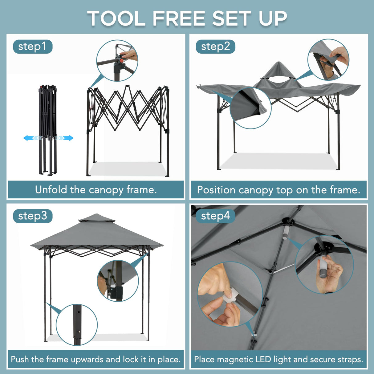 SUNJOY 5 x 8 ft. Grill Gazebo Pop Up Double Tiered Outdoor Gazebo Standing-Height Canopy with Magnetic LED Light, Adjustable Ceiling Height, for BBQ,Picnics, Outdoor Events, Gray Sunjoy
