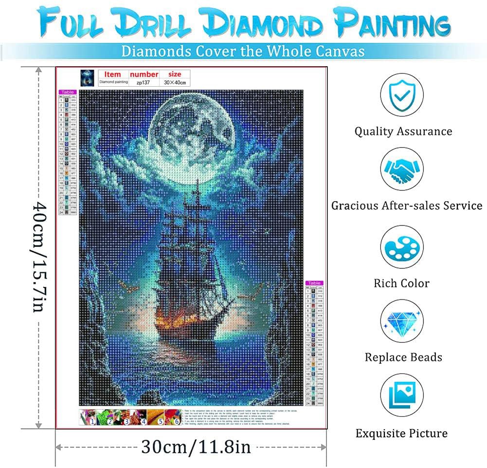 NEGHER 5D Landscape Diamond Painting Kits for Adults Beginner, DIY Steamship Moon, Full Round Drill Religious Gem Art Kits, Home Wall Decor 12x16 inch NEGHER