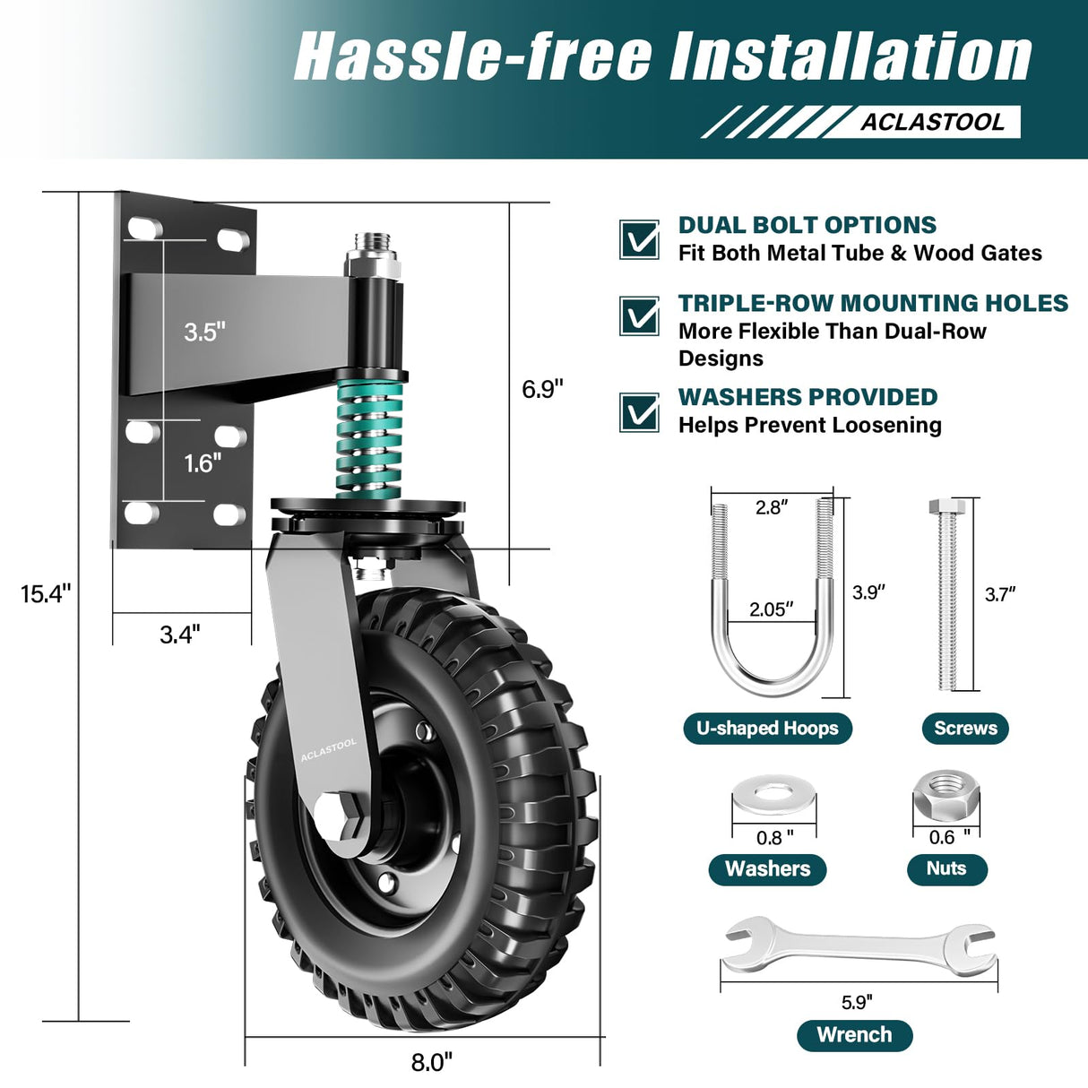 Aclastool Gate Wheel, 8 Inch Spring-Loaded Heavy Duty Caster for Metal Tube & Wooden Gates, 700 lbs Capacity, Black, 2 Pack Aclastool