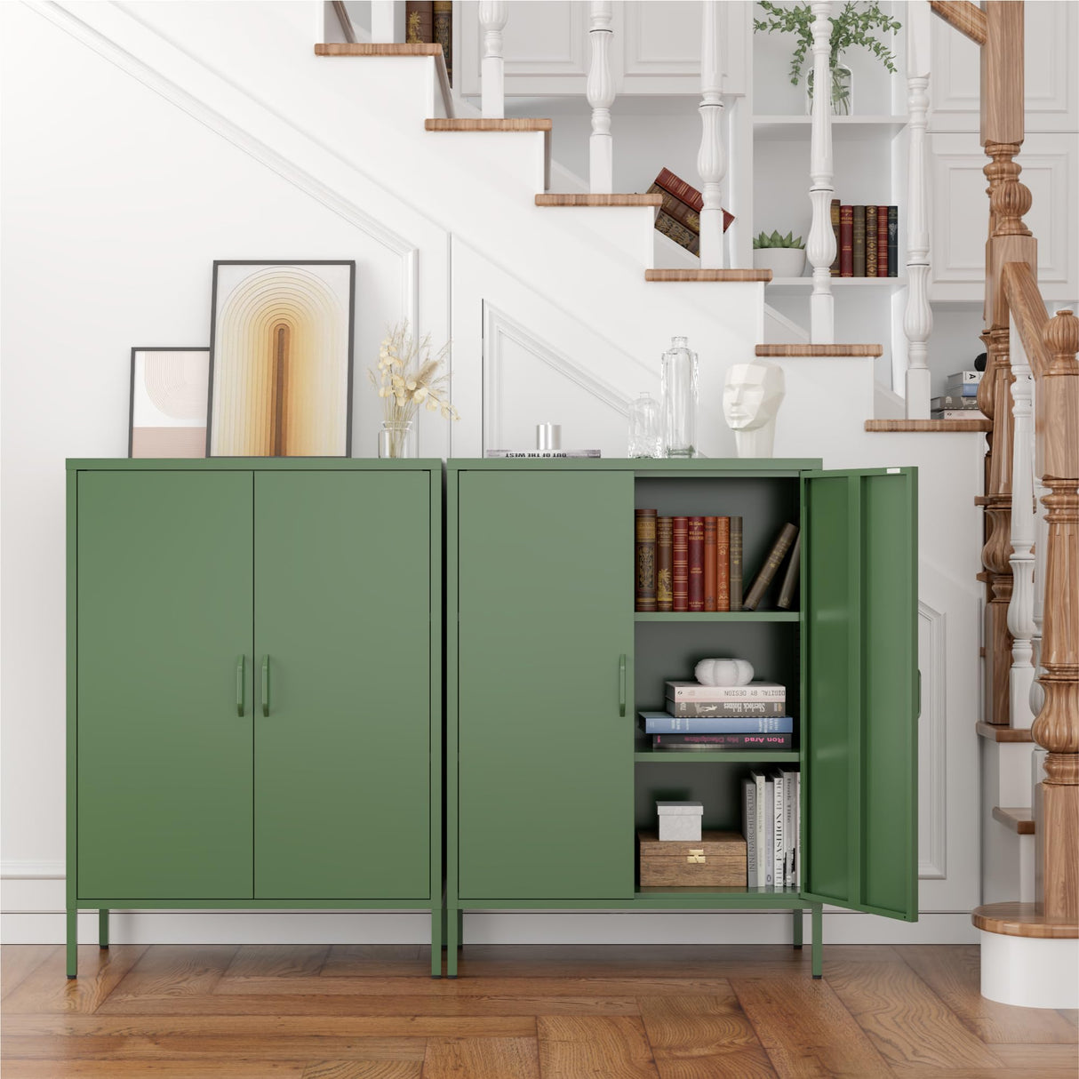 Washsemba Metal Storage Cabinet with Doors and Shelves,Multipurpose Storage Rack, 3-Tier Shelf,Metal Locker Style Accent Cabinet for Home Office,Living Room,Kitchen (Forest Green, 40''H) Washsemba