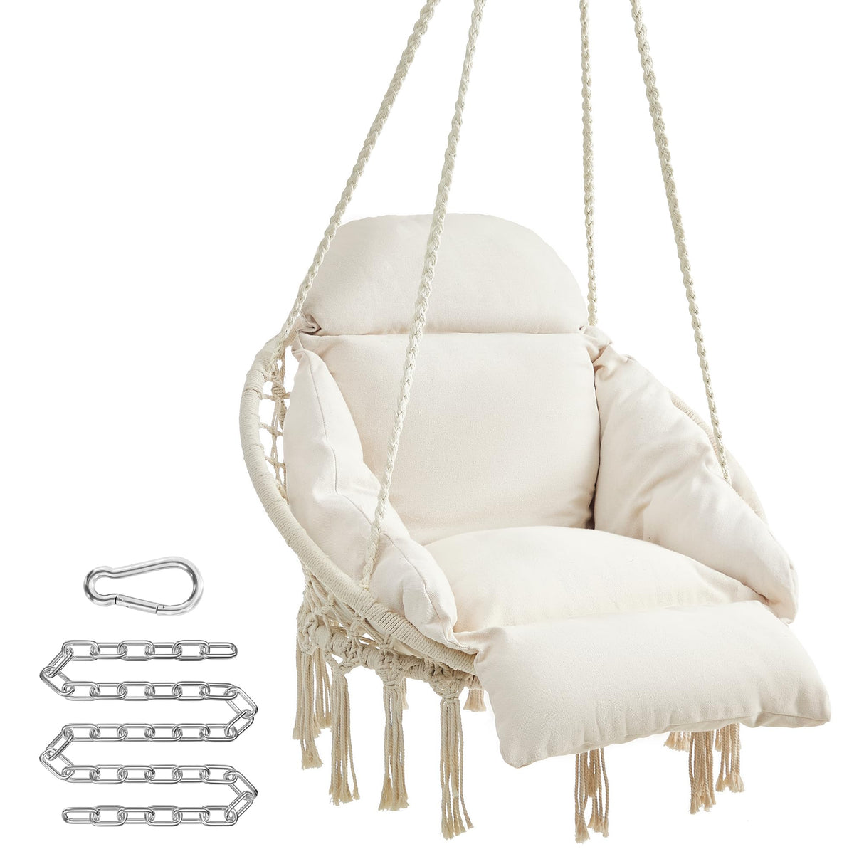SONGMICS Hanging Chair, Hammock Chair with Large, Thick Cushion, Boho Swing Chair for Bedroom, Patio, Balcony, Garden, Holds up to 264 lb, Accessories Included, Cream White UGDC042M01 SONGMICS